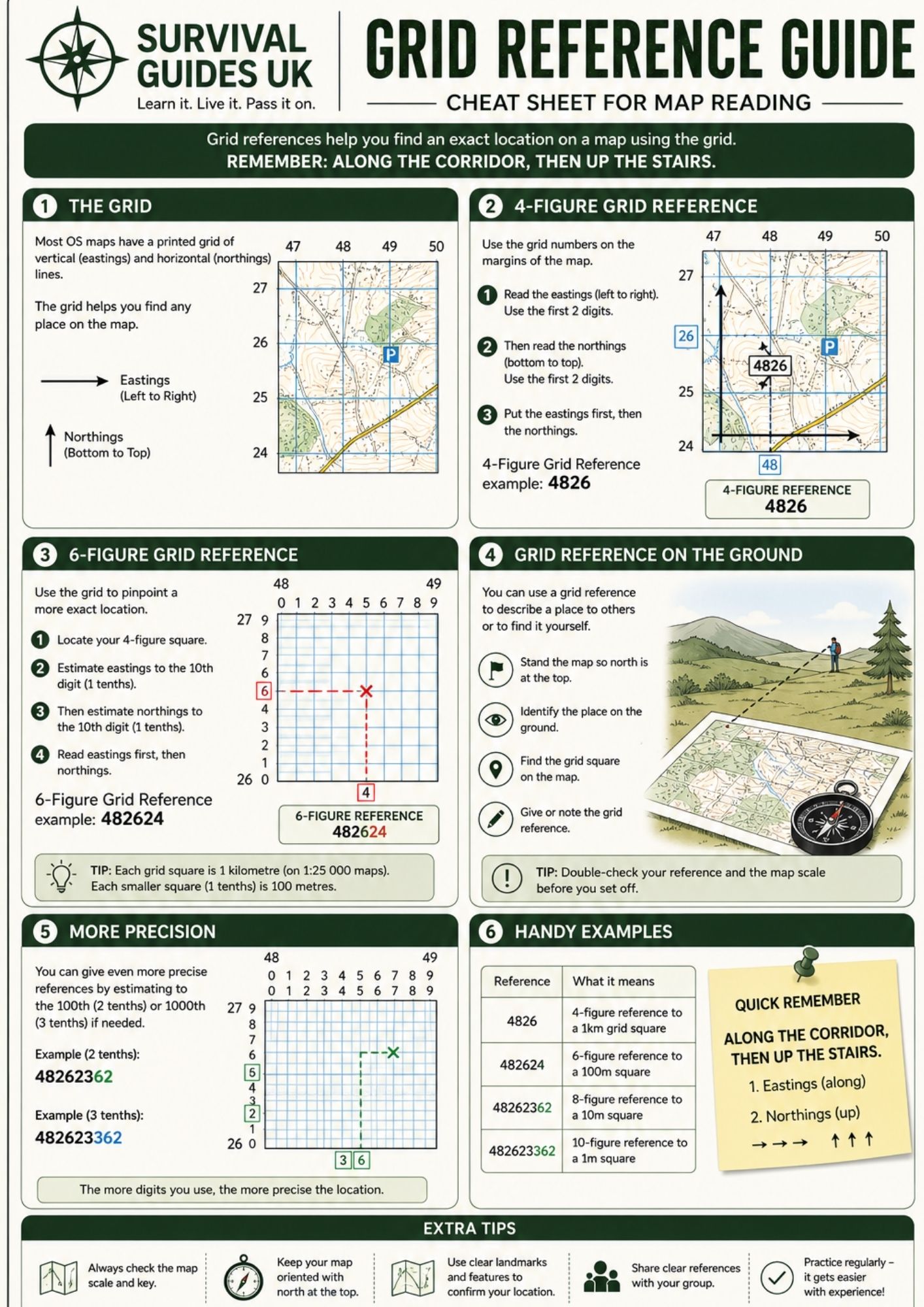 Printable grid reference cheat sheet explaining eastings, northings, four-figure and six-figure grid references